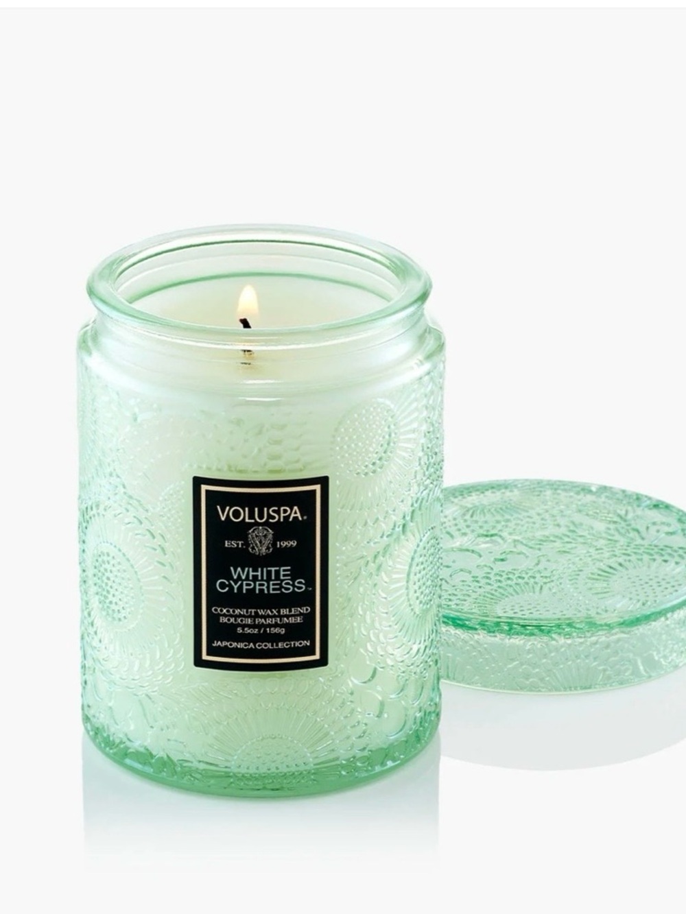 Voluspa White Cypress Light Green Embossed Glass Jar Candle 5.5 oz